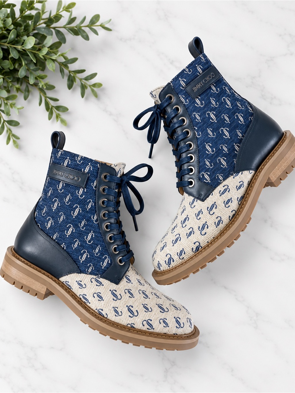 JIMMY CHOO - Navy Blue, Tan & Cream JC Logo Patterned Men's Boots